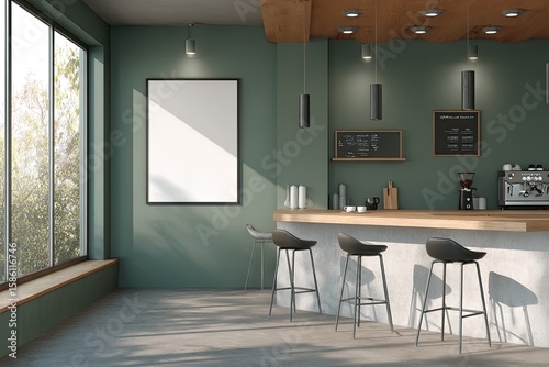 Modern cafe interior with large blank poster