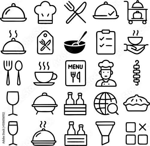 Catering vector icon set includes food trays, chef hats, serving dishes, buffet tables, utensils, drinks, menus, waiters, platters, and event dining elements.

