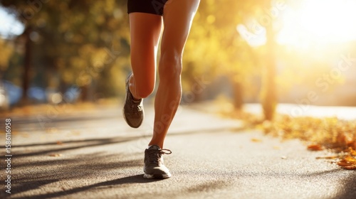 Woman Running Outdoors During Sunset in Sunny Autumn Park Scene with Trees.