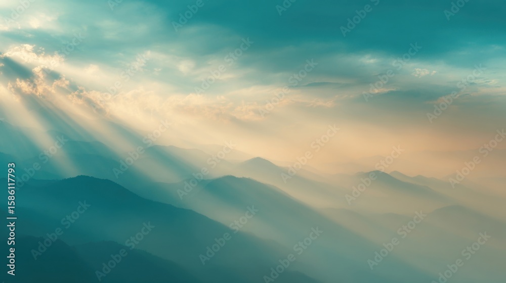 Fototapeta premium Beautiful Mountain Landscape with Sun Rays Breaking Through Clouds and Mist.