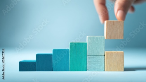 Hand stacking wooden blocks to create a colorful ascending bar graph or progress display.
