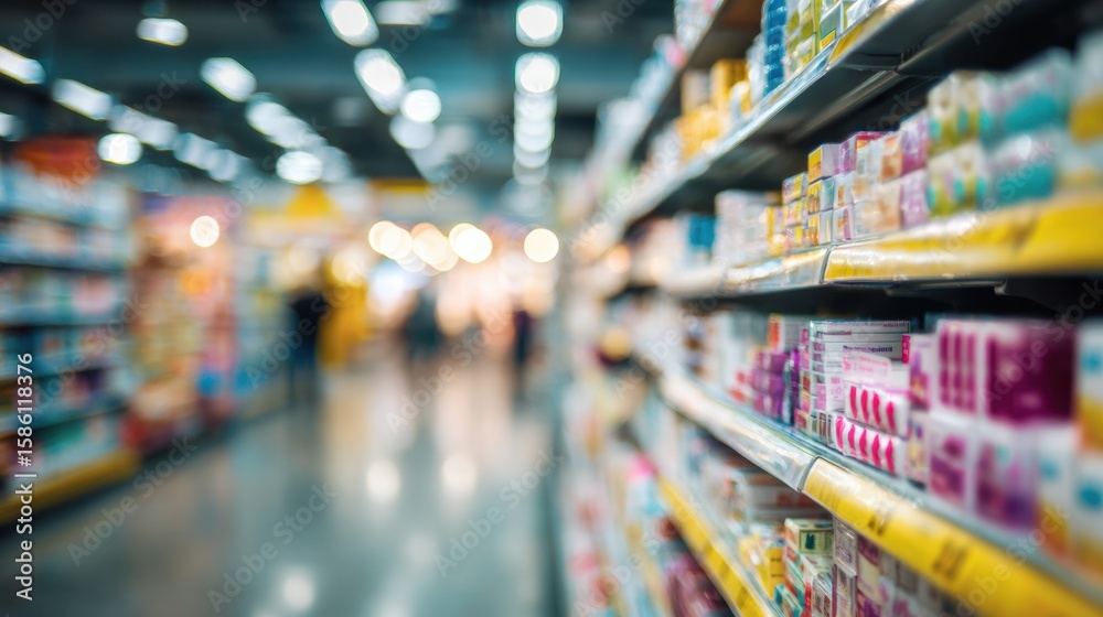 Naklejka premium Cold Medicine Aisle Filled With Various Products in a Pharmacy During Busy Hours