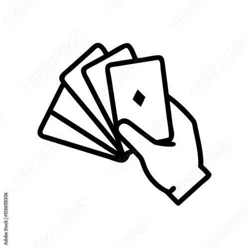 Hand holding playing cards in a simple drawing to illustrate card hand. Card hand is perfect to use as a design for an invitation to a gambling game, featuring cards in hand, and simple artwork.
