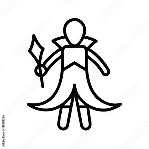 Fantasy character silhouette on white background, wizard with magic wand and robe. The fantasy character silhouette displays a figure, dressed up with fancy, large collar and gown.