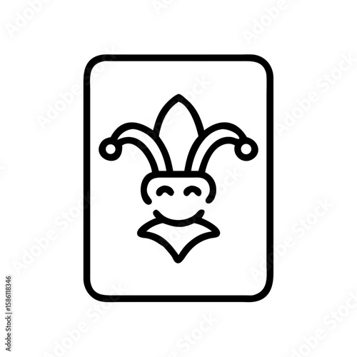 Minimalist joker card graphic in black and white. Joker card design featuring simple outline of jester with a hat, symbolizing unpredictability, a joker card in a deck of cards.