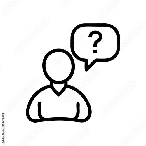 Conceptual question mark with human silhouette in dialogue bubble, simple design. Simple question mark with human image and dialogue bubble symbolizes asking, figuring out, pondering, exploring.