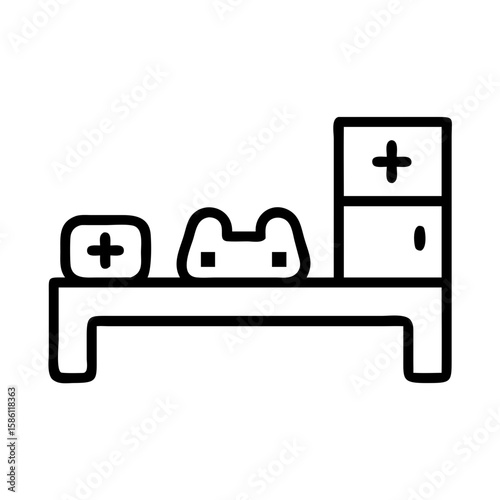 Shelf with games in linear style, including cubes with cross signs and a gaming console. Shelf with games stands as simple vector design, demonstrating gaming and entertainment items.