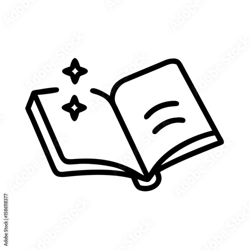 Illustrated open spellbook with shining stars for magical tales. Magical open spellbook contains enchanting spells and mystic symbols, promising adventures in realms of fantasy.