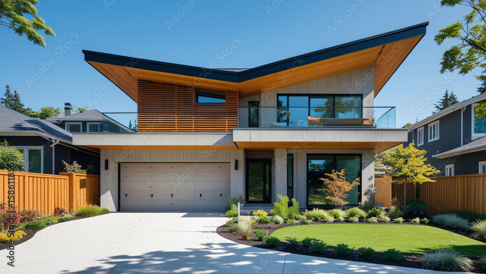 Fototapeta premium Modern Two-Story House with Flat Roof and Large Overhanging Eaves