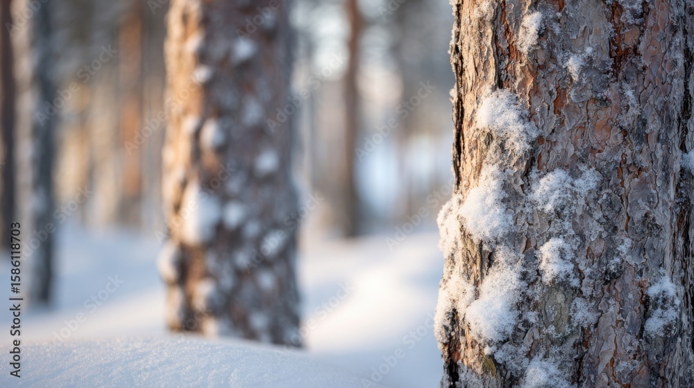 Fototapeta premium Close-up of tree trunks covered in snow in a winter forest scene with blurred background.