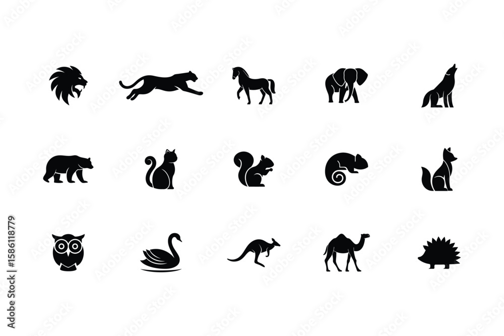 Fototapeta premium Wild and Domestic Animal Silhouettes Vector Collection