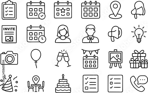 Event vector icon set featuring celebration, stage, microphone, calendar, invitation, decorations, lighting, music, tickets, audience, and party elements.

