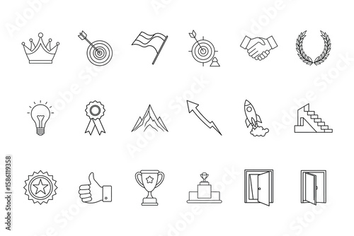 Success icons bundle including crown target flag handshake trophy symbols laurel