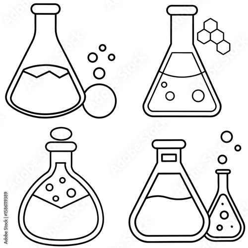 Chemicals Coloring Page – Science Lab Bottles and Chemical Containers Outline Illustration