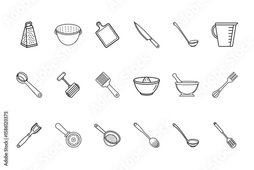 Kitchen tools icons set including grater colander cutting board knife ladle measuring cup