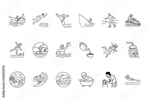Line art icons depicting various water related activities aquatic sports swimming