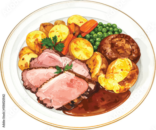 Watercolor Illustration of Traditional British Sunday Roast Dinner with Vegetables and Gravy