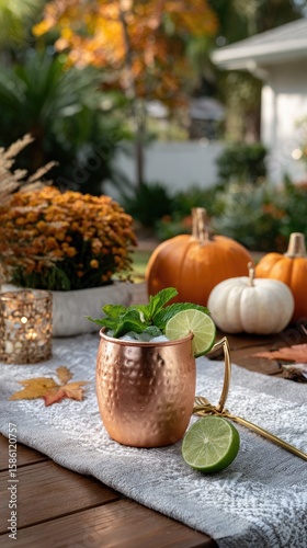 Wallpaper Mural Copper mug adorned with lime and herbs rests on a table surrounded by colorful pumpkins during a cozy fall festival Torontodigital.ca