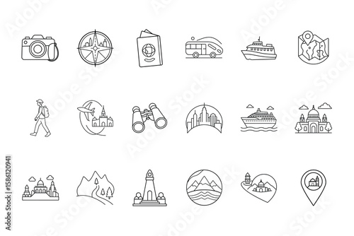 Line art travel icons featuring camera compass passport bus cruise ship map airplane binoculars city