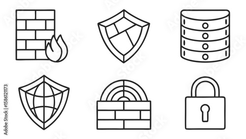 Cybersecurity icons shield database firewall lock vector