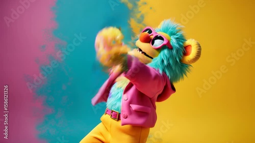 Pink fluffy monster puppet with sunglasses and striped shirt dancing on colorful gradient background. Fun mascot character performing cheerful dance moves concept.