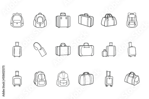 Outlined luggage backpack icons in on travel baggage Bundle suitcase