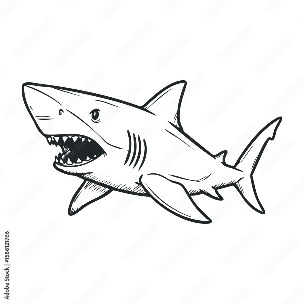 Obraz premium Aggressive shark sketch in black and white with open mouth. Hand draw vector illustration