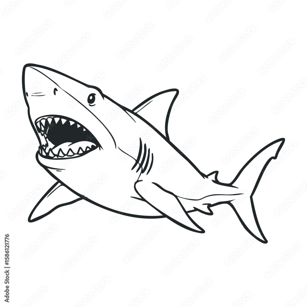 Fototapeta premium Black and white outline of great white shark showing sharp teeth. Hand draw vector illustration