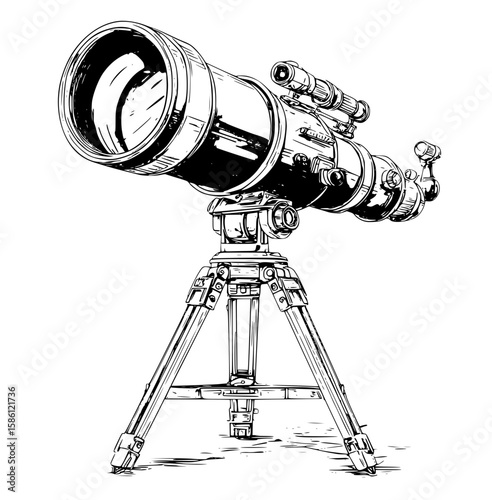 Isolated Vector Icon of Telescope, Simple Flat Style Illustration, White Background, Purple Circular Shape, Camera on Tripod, Long Legs, Rounded Lens, Gray Body, Large Blue Glass Cover