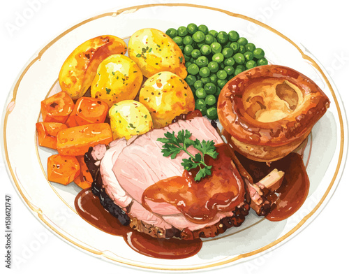 Watercolor Illustration of Traditional British Sunday Roast Dinner with Vegetables and Gravy