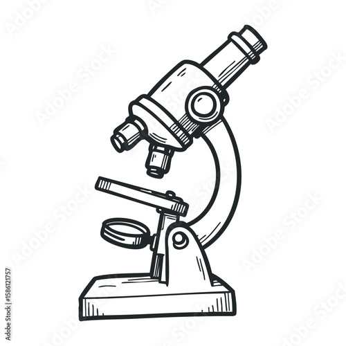 Detailed black and white illustration of a classic microscope in line art style. Hand draw vector illustration