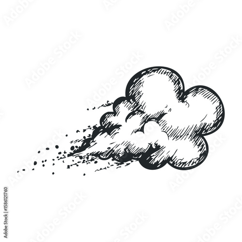 Sketch of fast-moving cloud with wind and droplets in black and white. Hand draw vector illustration