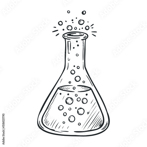 Hand-drawn scientific flask with bubbling liquid and bubbles in black and white sketch. Hand draw vector illustration
