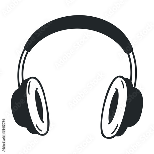 Black and white headphones icon with simple, modern design on white background. Hand draw vector illustration