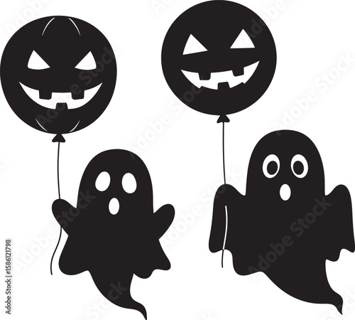 Two halloween ghosts holding jack o lantern balloons silhouette