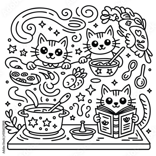 Whimsical Cats Cooking: A Doodle Art Illustration
