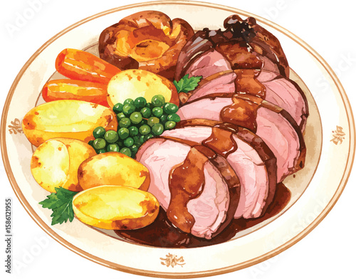 Watercolor Illustration of Traditional British Sunday Roast Dinner with Vegetables and Gravy
