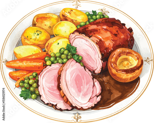 Watercolor Illustration of Traditional British Sunday Roast Dinner with Vegetables and Gravy