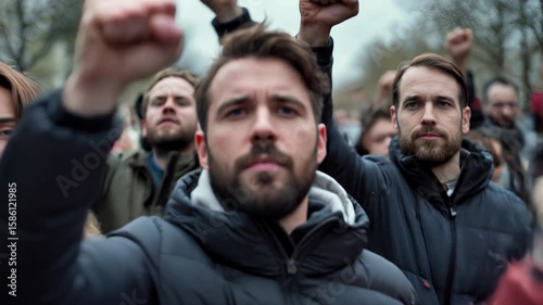 Young diverse group of protesters raising fists in solidarity during peaceful demonstration on city street. Political activism, social justice movement concept.
