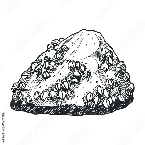 Detailed sketch of a natural stone with clustered crystals. Hand draw vector illustration