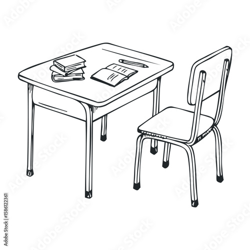 School desk and chair with books and pencil sketch. Hand draw vector illustration