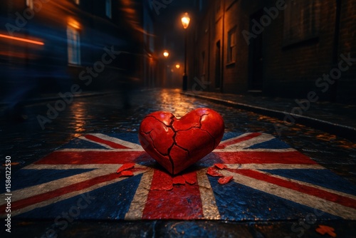 Cracked heart over UK flag, symbol of Brexit division, cultural loss, and emotional disillusion