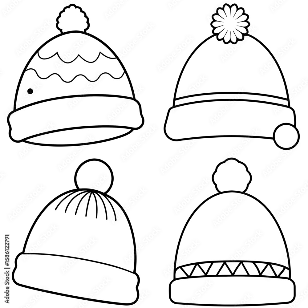 Fototapeta premium Winter Hats Coloring Page – Cozy Seasonal Headwear Line Art for Kids