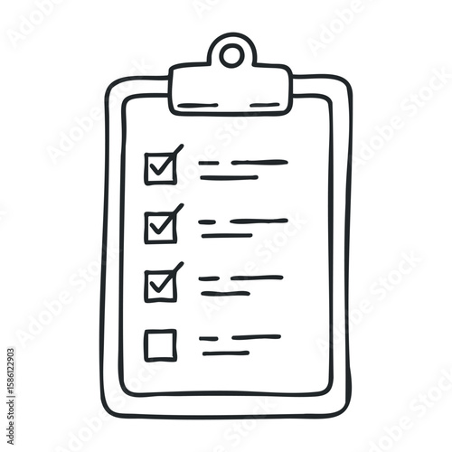 Checklist on clipboard with checkmarks and blank box in black and white line drawing. Hand draw vector illustration