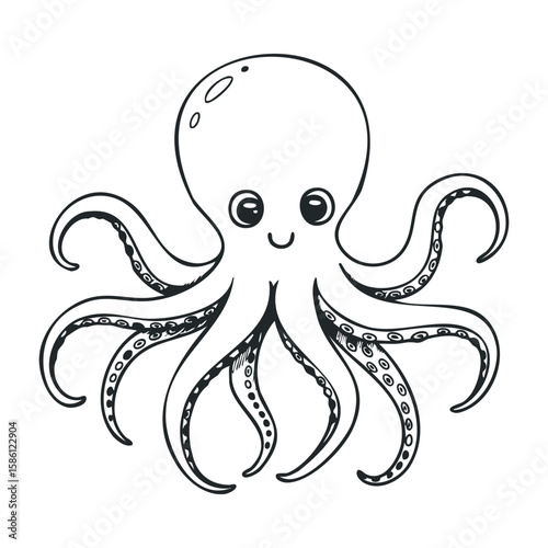 Cute cartoon octopus with smiling expression and eight tentacles on white background. Hand draw vector illustration