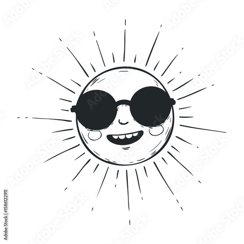 Cartoon smiling sun with sunglasses and rays in black and white. Hand draw vector illustration