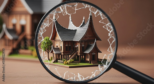 A traditional house model is viewed through a cracked magnifying glass, with another house model blurred in the background.