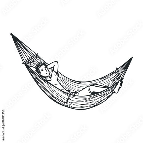 Relaxed young caucasian male lounging in hammock, enjoying leisure and tranquility. Hand draw vector illustration