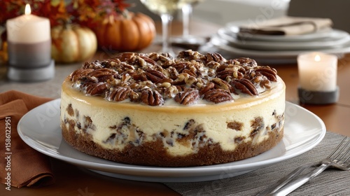 Wallpaper Mural Warm autumn hues enhance the cozy atmosphere featuring a pumpkin pie cheesecake topped with pecans and candles for a festive touch Torontodigital.ca
