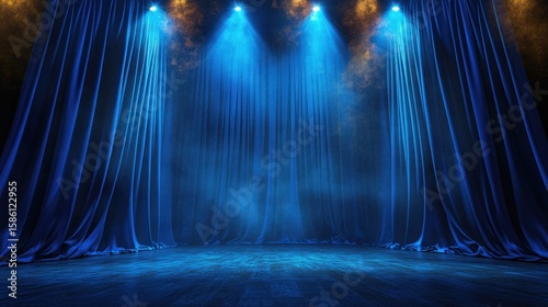 Stage with Blue Curtains and Spotlights, Creating a Dramatic Theater Background for Performances